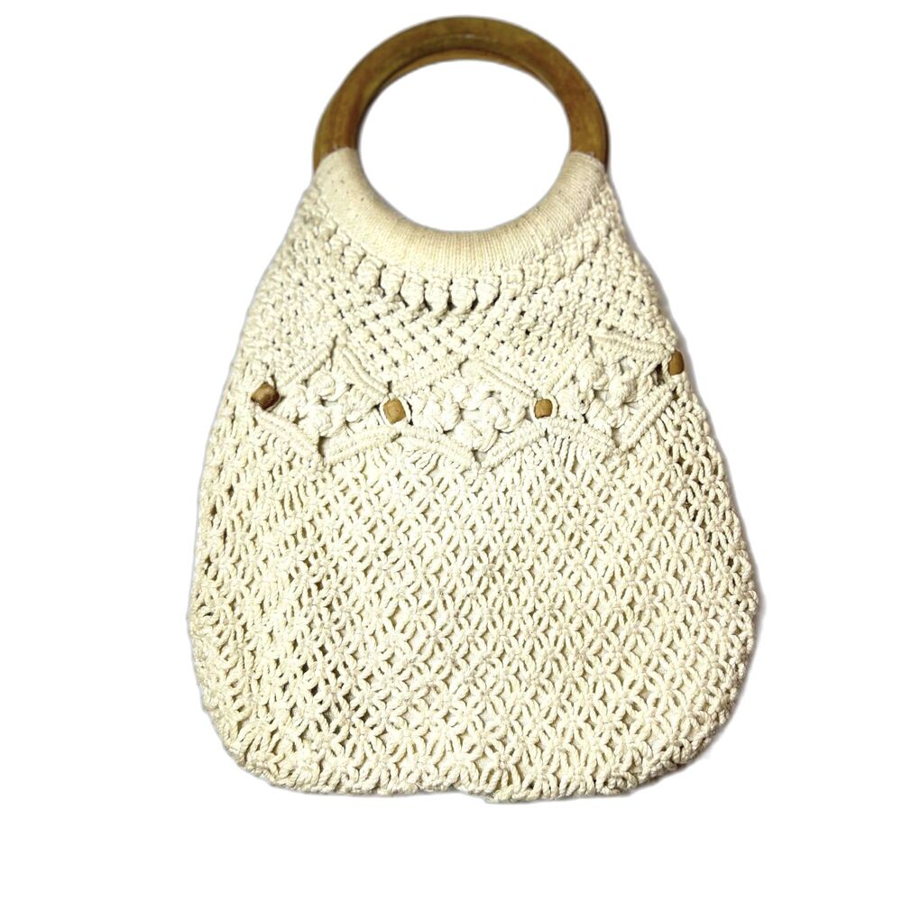 Vintage 1970s Women's Ecru Cotton Yarn Macrame Wood Handle Tote Bag